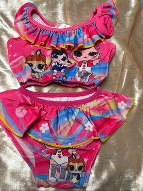 Girls Pink Ruffle Two-Piece Swimsuit with Doll Print